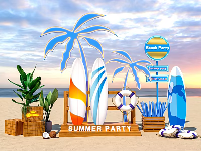 Summer Beach Party Setup With Surfboards Palm Trees Lifesaver And Wooden Crates 3d model