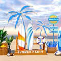 Summer Beach Party Setup With Surfboards Palm Trees Lifesaver And Wooden Crates