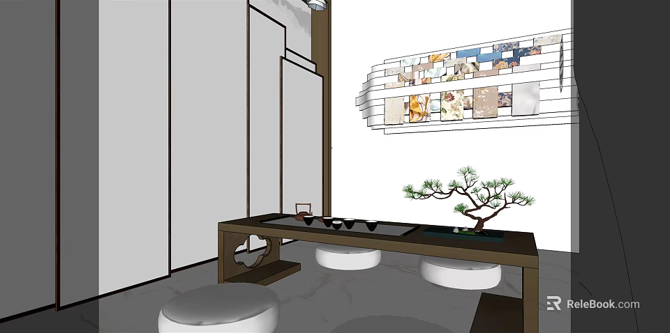 Chinese Style Interior Design With Long Table Stools Decorative Paintings And Potted Pine Tree 3d model 