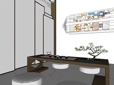 Chinese Style Interior Design With Long Table Stools Decorative Paintings And Potted Pine Tree 3d model