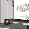 Chinese Style Interior Design With Long Table Stools Decorative Paintings And Potted Pine Tree