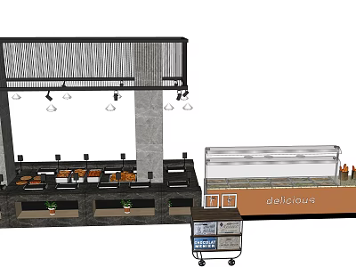 Buffet Dining Setup With Pendant Lights Display Case Delicious Food Items And Service Cart 3d model