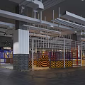 Industrial Style Shopping Mall Lobby With Exposed Pipes Metal Structures And Loft Signage