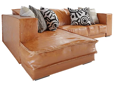 Brown Leather Sectional Sofa With Black And White Geometric Throw Pillows 3d model