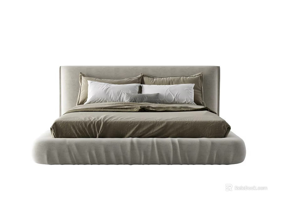 Modern Double Bed With Light Gray Headboard Soft Beige Quilt And Decorative Pillows 3d model