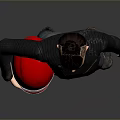 Motorcycle Rider Wearing Black Leather Jacket Jeans Boots And Red White Helmet
