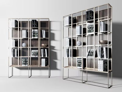 Modern Open Bookshelf Design With Metal Frame Wooden Shelves And Decorative Books 3d model
