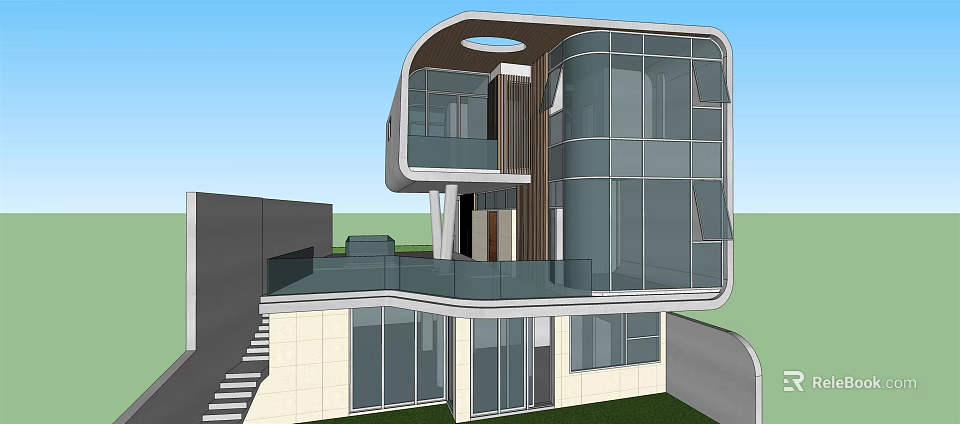 Modern Detached Villa With Large Glass Walls Open Balcony And Unique Design 3d model 