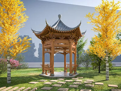 Traditional Wooden Pavilion Surrounded by Golden Yellow Trees on Green Lawn With Stone Pathway 3d model