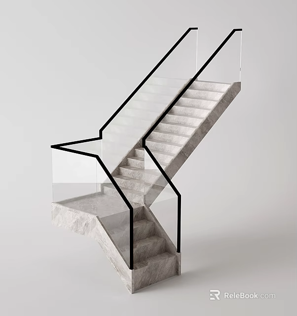 Modern Angled Staircase Design With Glass Railings And Concrete Steps 3d model 