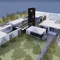 Modern Waterfront Sales Office Building With Glass Facade Outdoor Terrace And Trees