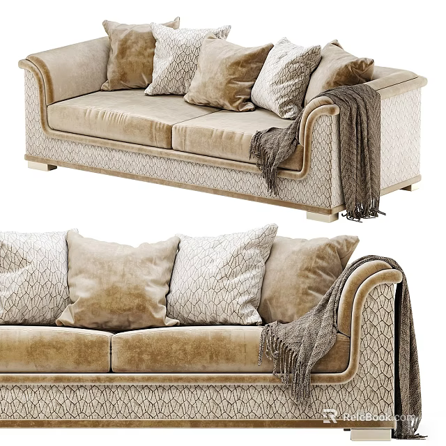 Beige Two Seater Sofa With Patterned Upholstery Decorative Pillows And Knitted Blanket 3d model 