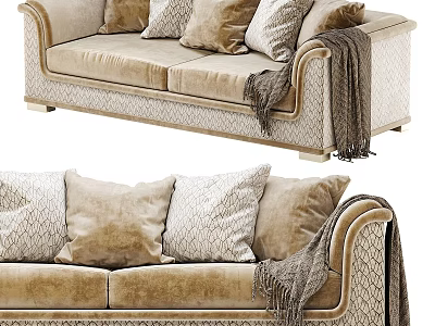 Beige Two Seater Sofa With Patterned Upholstery Decorative Pillows And Knitted Blanket 3d model