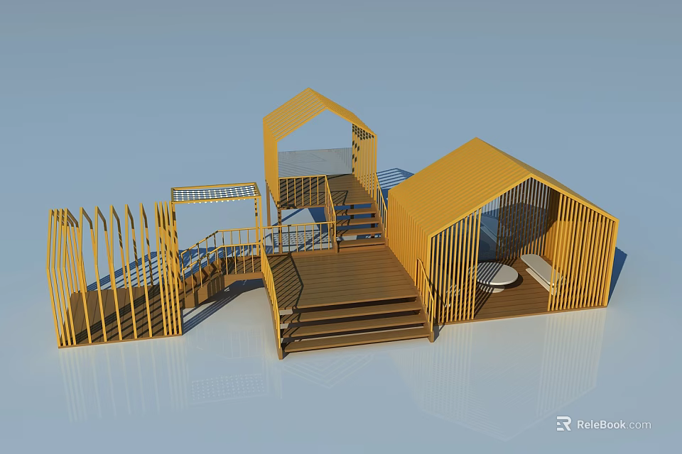 Modern Landscape Pavilion With Wooden Structure Steps Platform And Railing 3d model