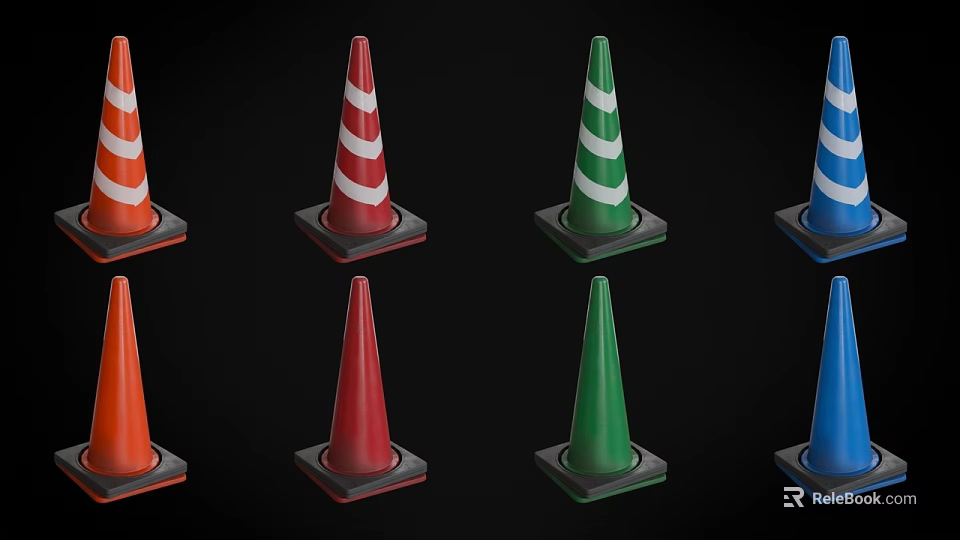 Colorful Striped Traffic Cones With Square Bases In Different Colors 3d model 