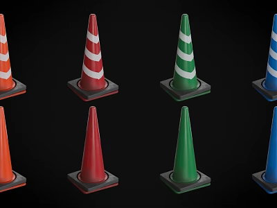 Colorful Striped Traffic Cones With Square Bases In Different Colors 3d model