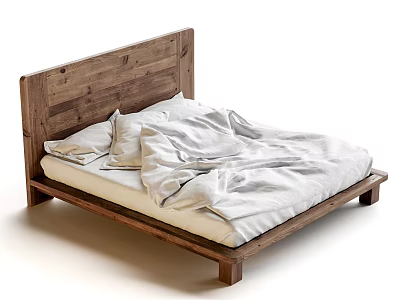 Double Bed with Rustic Wooden Frame and White Bedding in Minimalist Style 3d model