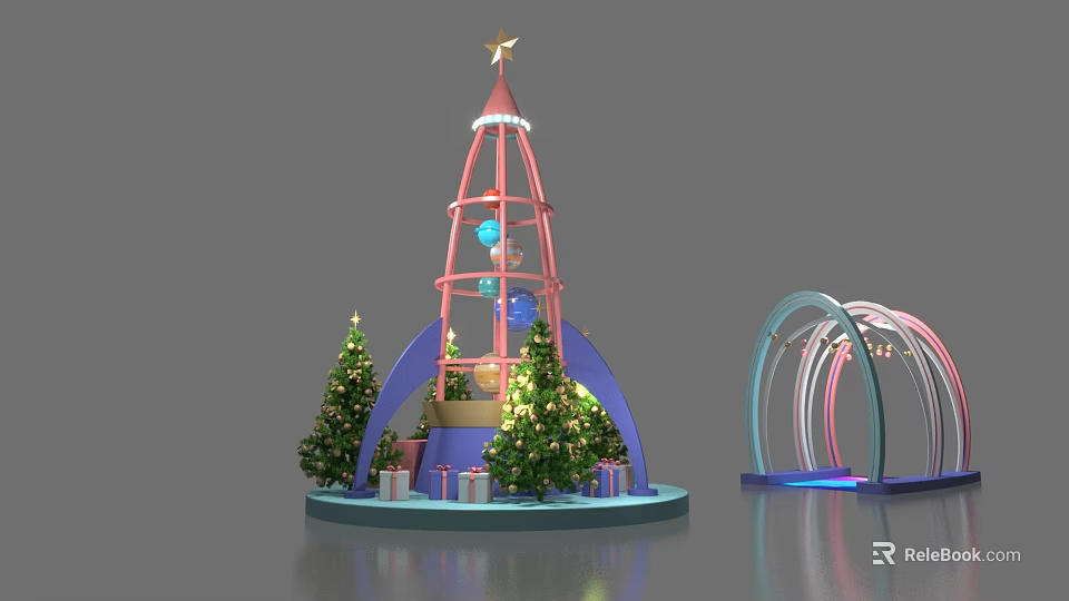 Festive Christmas Photo Spot With Decorated Tree Ornaments Gifts And Archway 3d model 