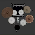 Drum Set Musical Instrument With Black Shells White Heads Colored Cymbals And Pedals