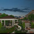 Scenic Garden Landscape at Twilight With Townhouses Pavilion Pathway Flowers And Lamp Posts