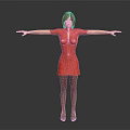 Red Haired Woman in Red Dress with Fishnet Stockings Arms Outstretched Gray Black Background
