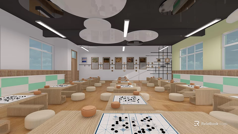 School Go Activity Room With Wooden Tables Round Cushions And Bright Wall Displays 3d model 
