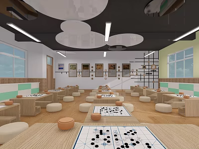 School Go Activity Room With Wooden Tables Round Cushions And Bright Wall Displays 3d model