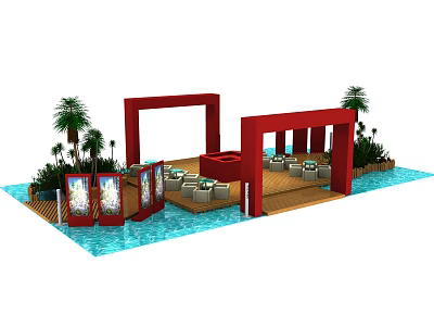 Exhibition Tables And Chairs With Red Frame Structures Palm Trees And Blue Water Area 3d model