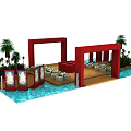 Exhibition Tables And Chairs With Red Frame Structures Palm Trees And Blue Water Area