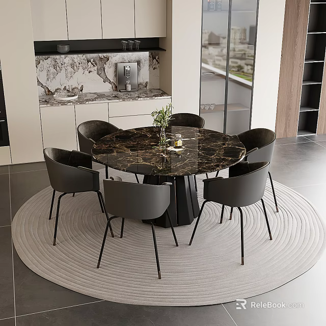 Round Dining Table With Five Dark Gray Chairs Black Metal Legs And Marble Top 3d model 