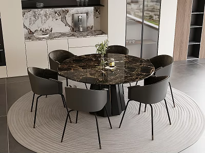 Round Dining Table With Five Dark Gray Chairs Black Metal Legs And Marble Top 3d model