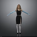 Woman Wearing Black Dress Blue Long Gloves White Socks And Black Shoes On Gray Background