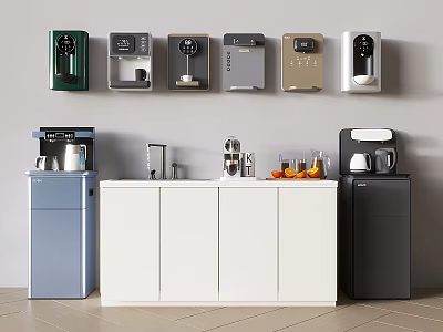Modern Household Appliances Displayed On Wall And Cabinet With Water Dispensers Coffee Makers Mini Fridges 3d model