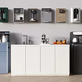 Modern Household Appliances Displayed On Wall And Cabinet With Water Dispensers Coffee Makers Mini Fridges