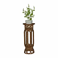 Bonsai Potted Plant On Decorative Wicker Rattan Pedestal Against Light Wall