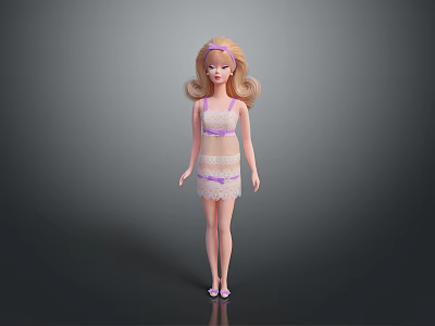 Woman With Blonde Hair In Pink Lace Lingerie And Pink Shoes Against Gray Background 3d model