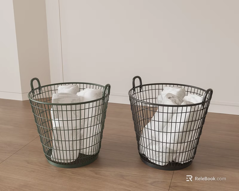 Two Metal Wire Baskets With White Linens On Wooden Floor 3d model 