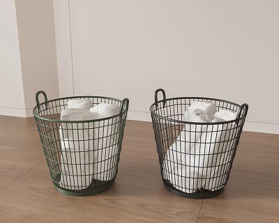 Two Metal Wire Baskets With White Linens On Wooden Floor 3d model Two Metal Wire Baskets With White Linens On Wooden Floor 3d model