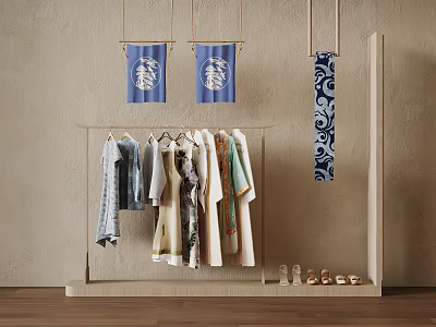 Clothing Display Rack With Hanging Apparel Blue Patterned Fabrics And Decorative Shoes 3d model