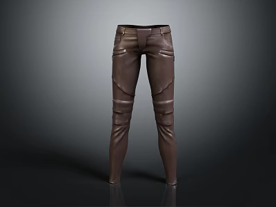 Stylish Brown Leather Utility Pants With Multiple Pockets And Stitching Details 3d model