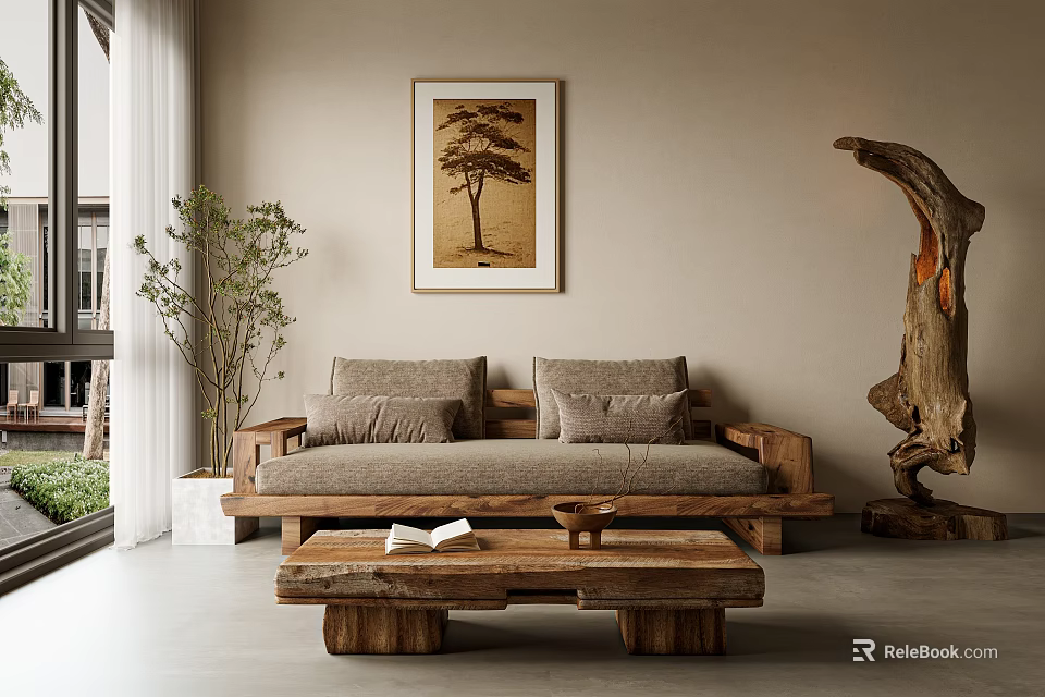Minimalist Sofa Coffee Table Set With Gray Cushions Wooden Frame Framed Painting And Potted Plant 3d model 