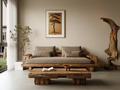 Minimalist Sofa Coffee Table Set With Gray Cushions Wooden Frame Framed Painting And Potted Plant 3d model