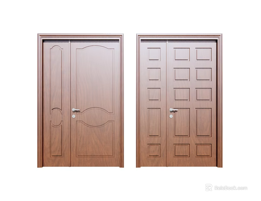 Brown Wooden Double Door Interior With Decorative And Square Panel Design 3d model