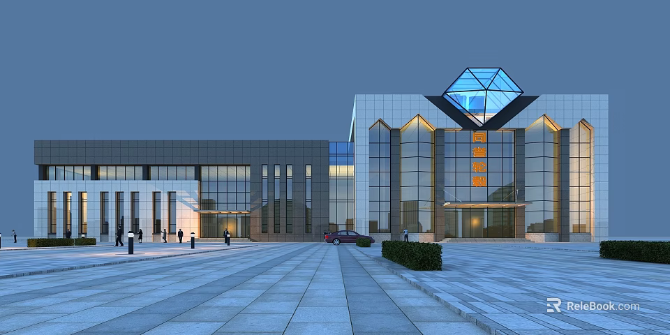 Modern Unique Office Building With Glass Curtain Wall Illuminated Entrance And Blue Glass Roof Design 3d model 