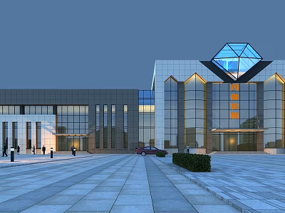 Modern Unique Office Building With Glass Curtain Wall Illuminated Entrance And Blue Glass Roof Design 3d model