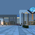Modern Unique Office Building With Glass Curtain Wall Illuminated Entrance And Blue Glass Roof Design