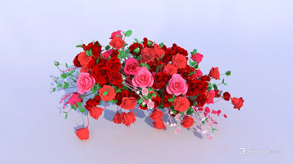 Vibrant Floral Bouquet Featuring Red Pink Roses And Fresh Green Leaves 3d model 