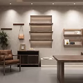 Modern Minimalist Mall Store Interior with Arched Walls Built in Shelves and Wooden Table