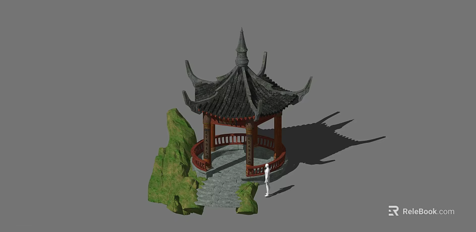 Traditional Landscape Pavilion with Black Curved Roof Red Pillars and Green Rockery Stone Path 3d model 