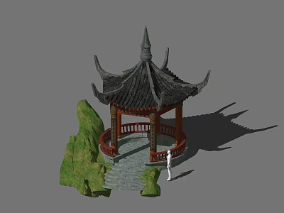 Traditional Landscape Pavilion with Black Curved Roof Red Pillars and Green Rockery Stone Path 3d model